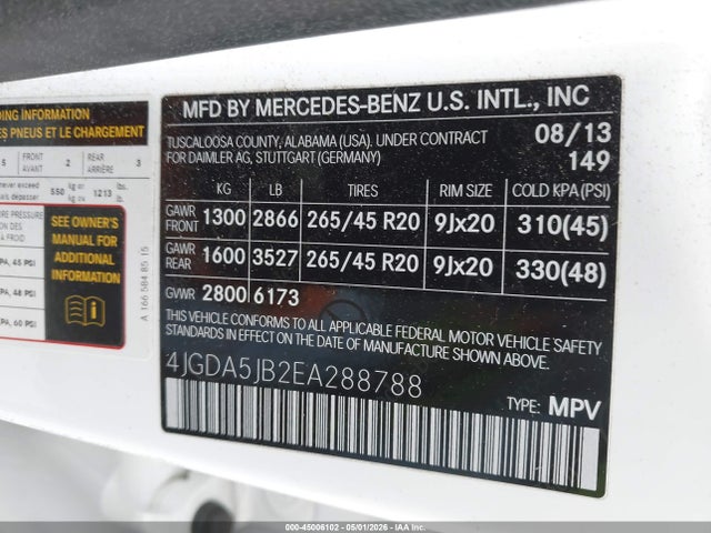 4JGDA5JB2EA288788 Mercedes-Benz ML 350
