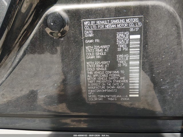 45006103 :رقم المزاد ، KNMAT2MV3HP584572 vin ، 2017 Nissan Rogue S مزاد بيع