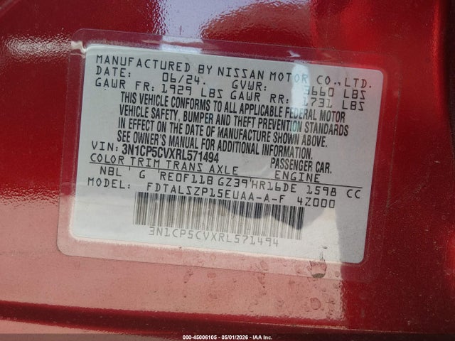 45006105 :رقم المزاد ، 3N1CP5CVXRL571494 vin ، 2024 Nissan Kicks Sv Xtronic Cvt مزاد بيع