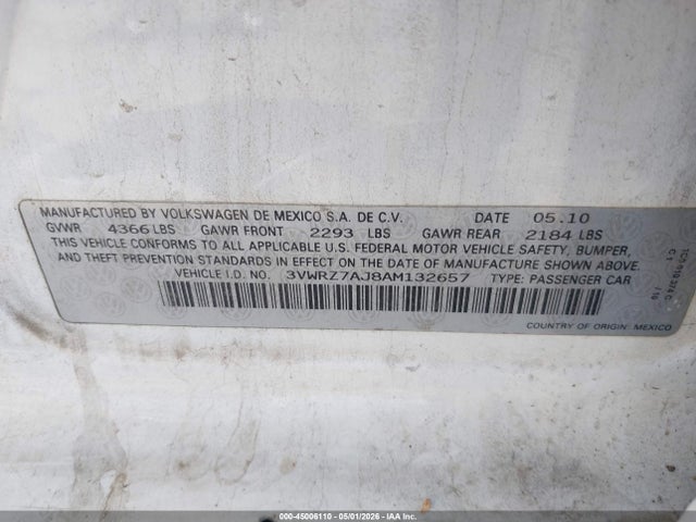 45006110 :رقم المزاد ، 3VWRZ7AJ8AM132657 vin ، 2010 Volkswagen Jetta Limited Edition مزاد بيع
