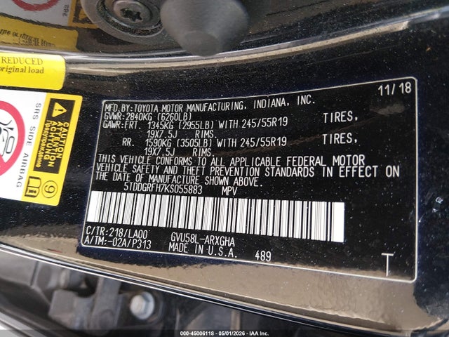 45006118 :رقم المزاد ، 5TDDGRFH7KS055883 vin ، 2019 Toyota Highlander Hybrid Limited Platinum مزاد بيع