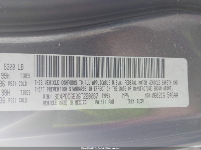 2016 Dodge Journey Crossroad Plus მანქანა იყიდება აუქციონზე, vin: 3C4PDCGB0GT220067, აუქციონის ნომერი: 45006127