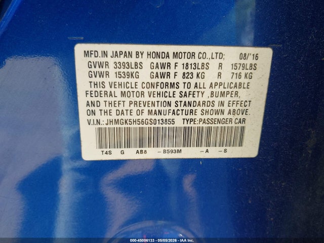 Aukcja sprzedaży 2016 Honda Fit Lx, vin: JHMGK5H56GS013855, numer aukcji: 45006133