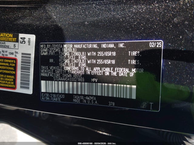 Продаж на аукціоні авто 2025 Toyota Grand Highlander Xle, vin: 5TDAAAA54SS021869, номер лоту: 45006168