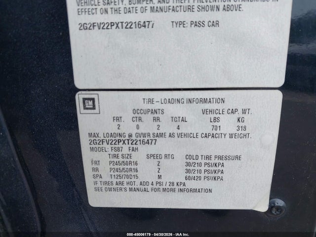 1996 Pontiac Firebird Formula/trans Am მანქანა იყიდება აუქციონზე, vin: 2G2FV22PXT2216477, აუქციონის ნომერი: 45006179