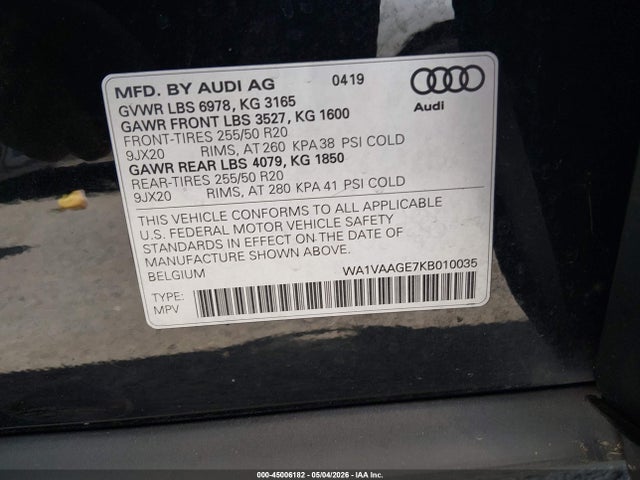 Aukcja sprzedaży 2019 Audi E-tron Premium Plus, vin: WA1VAAGE7KB010035, numer aukcji: 45006182