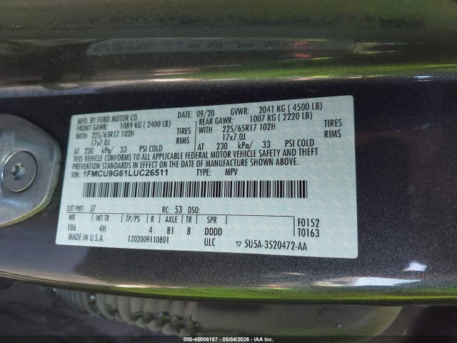 Aukcja sprzedaży 2020 Ford Escape Se, vin: 1FMCU9G61LUC26511, numer aukcji: 45006187