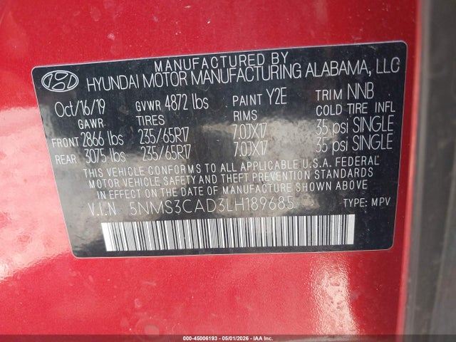 Продажа на аукционе авто 2020 Hyundai Santa Fe Sel, vin: 5NMS3CAD3LH189685, номер лота: 45006193