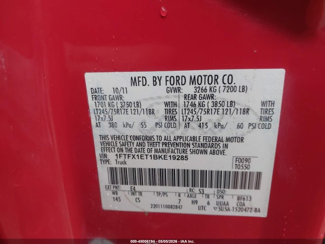 Aukcja sprzedaży 2011 Ford F-150 Fx4/lariat/xl/xlt, vin: 1FTFX1ET1BKE19285, numer aukcji: 45006194