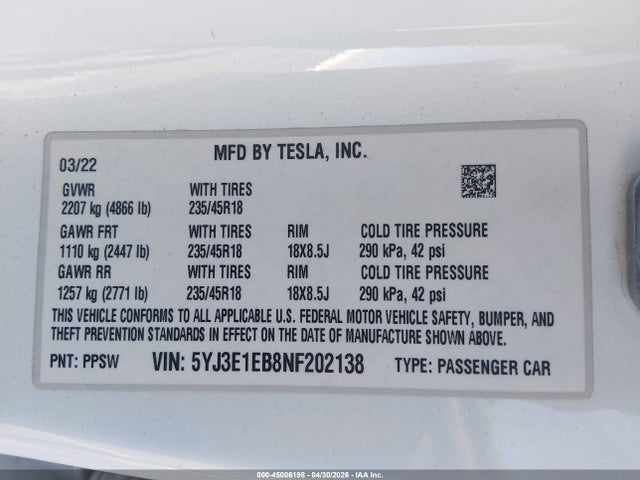 Aukcja sprzedaży 2022 Tesla Model 3 Long Range Dual Motor All-wheel Drive, vin: 5YJ3E1EB8NF202138, numer aukcji: 45006198