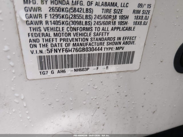 2016 Honda Pilot Ex-l მანქანა იყიდება აუქციონზე, vin: 5FNYF6H76GB030444, აუქციონის ნომერი: 45006209