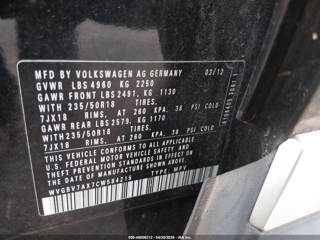 2012 Volkswagen Tiguan Se მანქანა იყიდება აუქციონზე, vin: WVGBV7AX7CW584215, აუქციონის ნომერი: 45006212