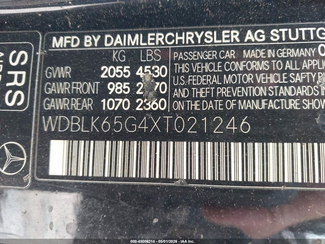 45006214 :رقم المزاد ، WDBLK65G4XT021246 vin ، 1999 Mercedes-benz Clk 320 مزاد بيع