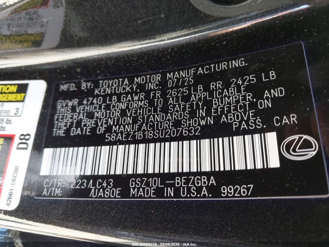 2025 Lexus Es 350 Luxury მანქანა იყიდება აუქციონზე, vin: 58AEZ1B18SU207632, აუქციონის ნომერი: 45006216