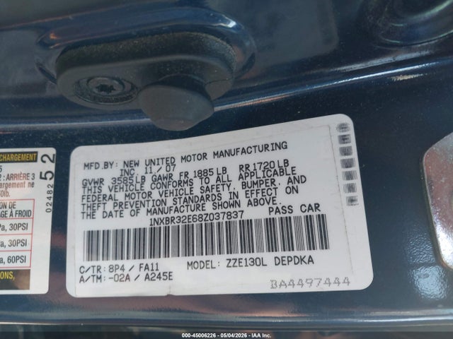 2008 Toyota Corolla Ce/le/s მანქანა იყიდება აუქციონზე, vin: 1NXBR32E68Z037837, აუქციონის ნომერი: 45006226