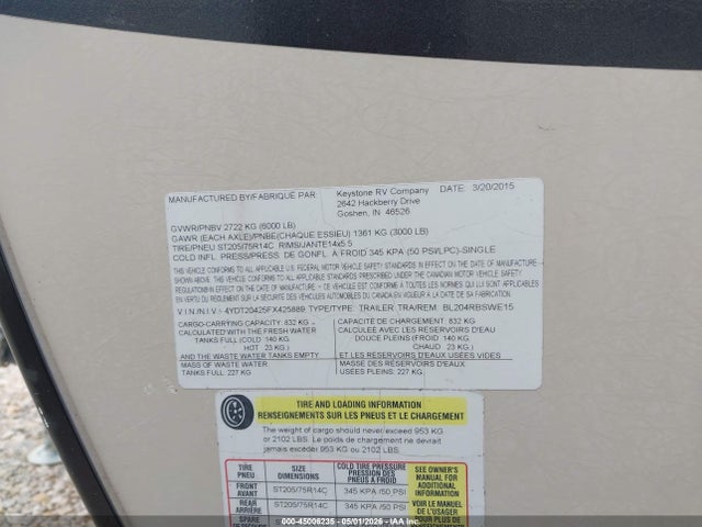 Продажа на аукционе авто 2015 Keystone Rv Bullet Ultra Lite Travel Trailer, vin: 4YDT20425FX425889, номер лота: 45006235
