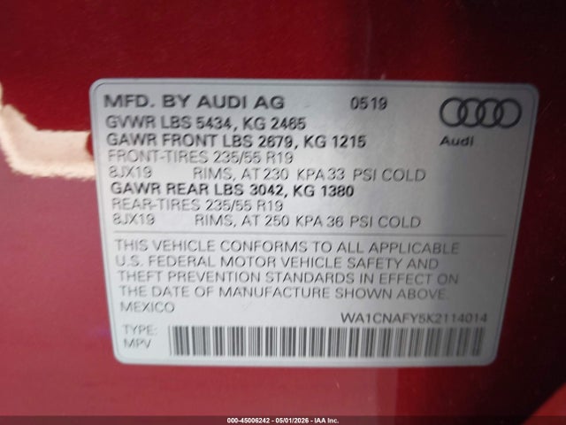 Aukcja sprzedaży 2019 Audi Q5 45 Premium, vin: WA1CNAFY5K2114014, numer aukcji: 45006242