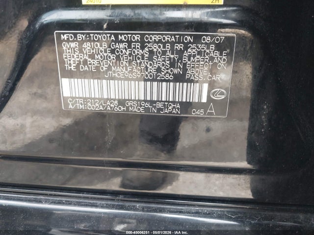 Продаж на аукціоні авто 2007 Lexus Gs 350, vin: JTHCE96S970012586, номер лоту: 45006251