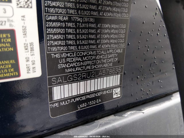 Aukcja sprzedaży 2020 Land Rover Range Rover Hse, vin: SALGS2RU2LA578635, numer aukcji: 45006252