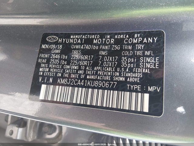 Продажа на аукционе авто 2019 Hyundai Tucson Se, vin: KM8J2CA41KU890677, номер лота: 45006257