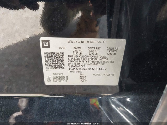 2019 Gmc Yukon Denali მანქანა იყიდება აუქციონზე, vin: 1GKS1CKJ7KR361497, აუქციონის ნომერი: 45006258