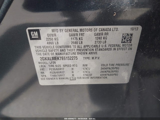 Aukcja sprzedaży 2014 Gmc Terrain Sle-1, vin: 2GKALMEK7E6152275, numer aukcji: 45006273
