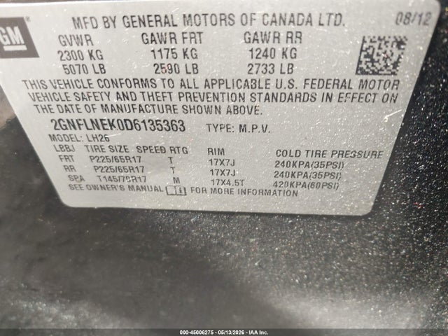 Aukcja sprzedaży 2013 Chevrolet Equinox 2lt, vin: 2GNFLNEK0D6135363, numer aukcji: 45006275