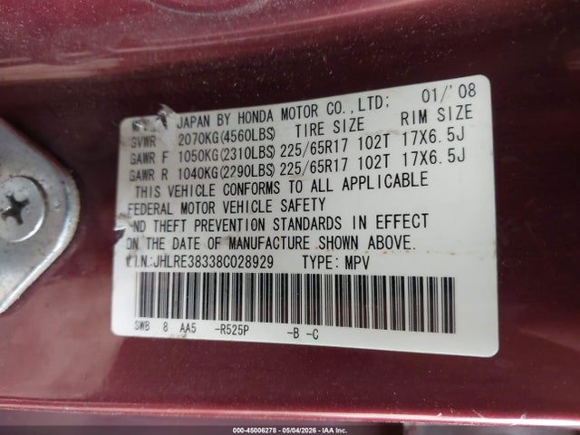 Продаж на аукціоні авто 2008 Honda Cr-v Lx, vin: JHLRE38338C028929, номер лоту: 45006278