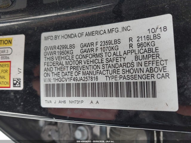 45006283 :رقم المزاد ، 1HGCV1F49JA257816 vin ، 2018 Honda Accord Ex مزاد بيع