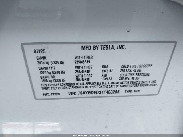 45006286 :رقم المزاد ، 7SAYGDED3TF403285 vin ، 2026 Tesla Model Y Premium Rear-wheel Drive/rear-wheel Drive مزاد بيع