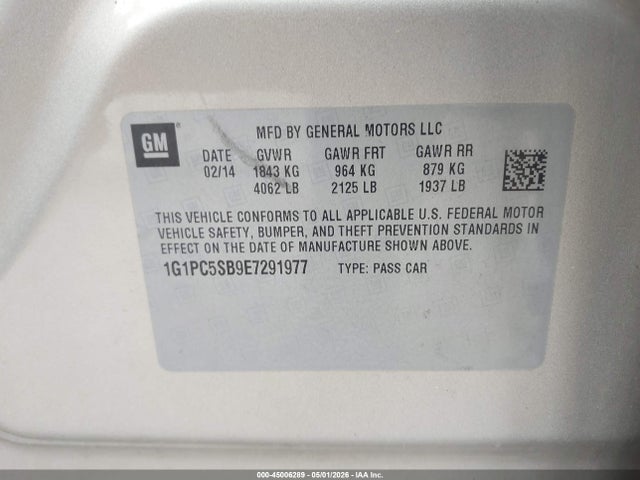 45006289 :رقم المزاد ، 1G1PC5SB9E7291977 vin ، 2014 Chevrolet Cruze 1lt Auto مزاد بيع