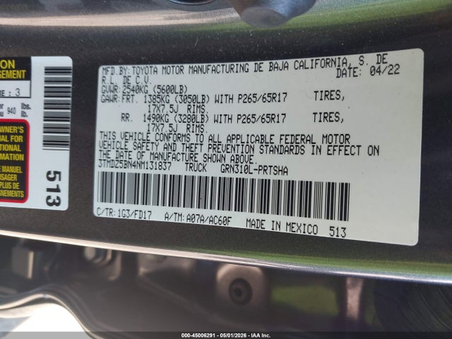 Продаж на аукціоні авто 2022 Toyota Tacoma Trd Sport, vin: 3TMDZ5BN4NM131837, номер лоту: 45006291