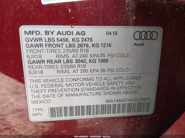 2018 Audi Q5 მანქანა იყიდება აუქციონზე, vin: WA1ANAFY4J2177675, აუქციონის ნომერი: 45006293