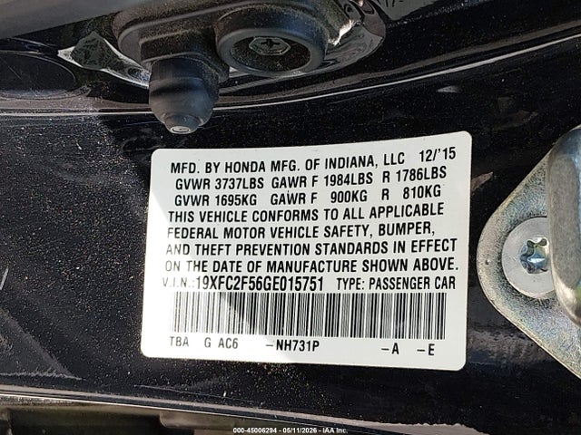 Aukcja sprzedaży 2016 Honda Civic Lx, vin: 19XFC2F56GE015751, numer aukcji: 45006294