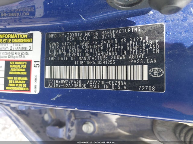 Aukcja sprzedaży 2018 Toyota Camry L/le/se/xle, vin: 4T1B11HK5JU591255, numer aukcji: 45006320