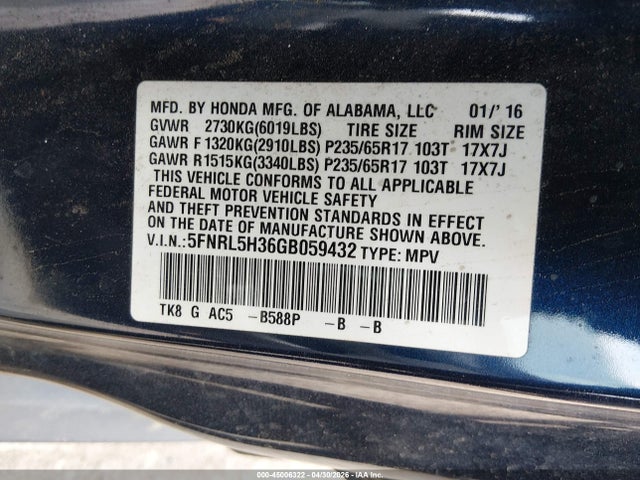 5FNRL5H36GB059432 Honda ODYSSEY SE