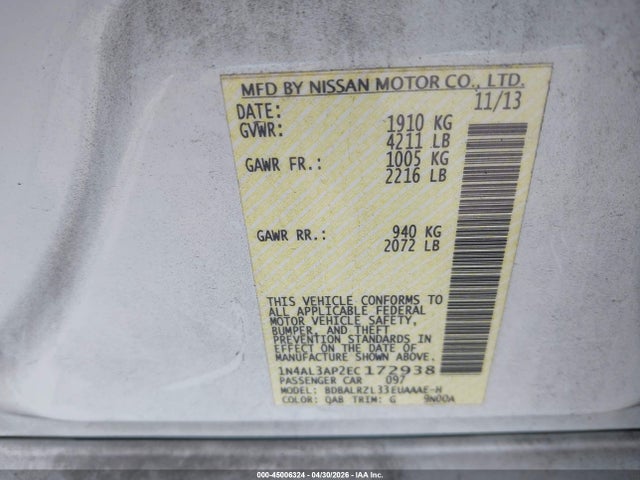 45006324 :رقم المزاد ، 1N4AL3AP2EC172938 vin ، 2014 Nissan Altima 2.5 S مزاد بيع