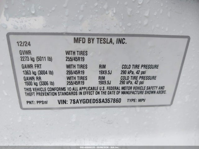 Продаж на аукціоні авто 2025 Tesla Model Y Long Range Dual Motor Rear-wheel Drive, vin: 7SAYGDED5SA357860, номер лоту: 45006325