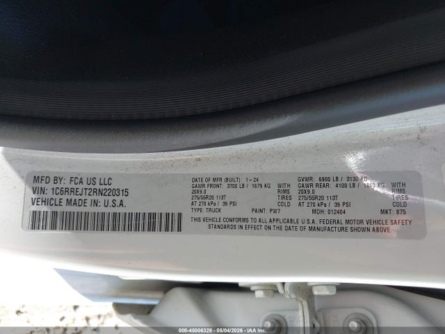 Продажа на аукционе авто 2024 Ram 1500 Laramie  4x2 5'7 Box, vin: 1C6RREJT2RN220315, номер лота: 45006328