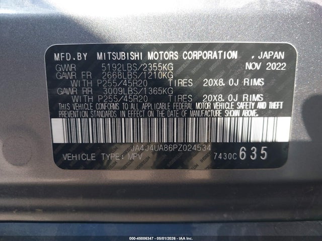 45006347 :رقم المزاد ، JA4J4UA86PZ024534 vin ، 2023 Mitsubishi Outlander Ralliart S-awc/se 2.5 S-awc/se Black Edition S-awc/se Special Editiont S-awc مزاد بيع
