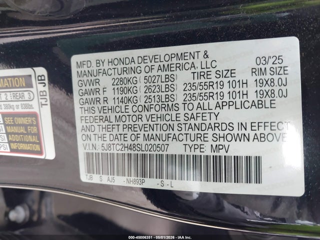2025 Acura Rdx Standard მანქანა იყიდება აუქციონზე, vin: 5J8TC2H48SL020507, აუქციონის ნომერი: 45006351