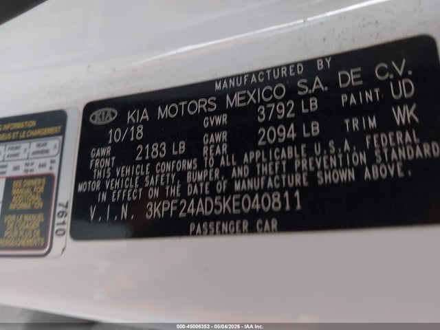 Aukcja sprzedaży 2019 Kia Forte Lxs, vin: 3KPF24AD5KE040811, numer aukcji: 45006353