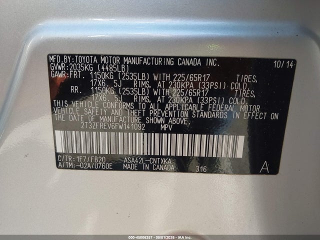 Aukcja sprzedaży 2015 Toyota Rav4 Le, vin: 2T3ZFREV6FW141092, numer aukcji: 45006357