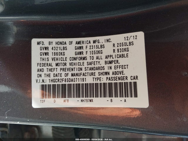Продажа на аукционе авто 2013 Honda Accord Ex-l, vin: 1HGCR2F85DA071191, номер лота: 45006369