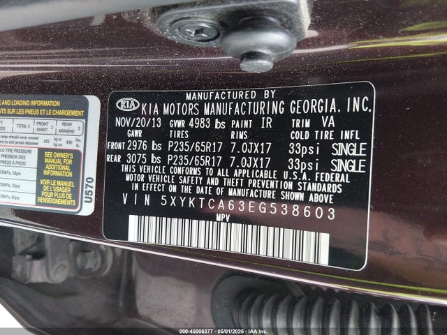 45006377 :رقم المزاد ، 5XYKTCA63EG538603 vin ، 2014 Kia Sorento Lx مزاد بيع