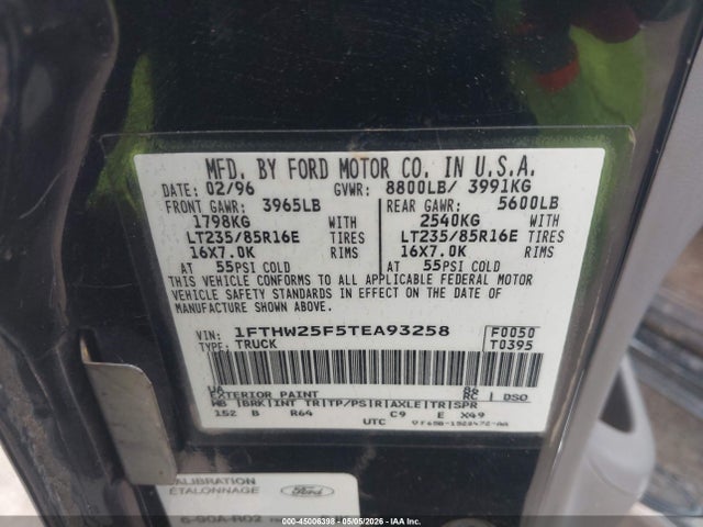Aukcja sprzedaży 1996 Ford F250, vin: 1FTHW25F5TEA93258, numer aukcji: 45006398