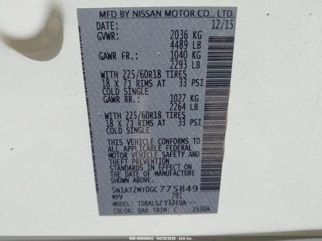 2016 Nissan Rogue Sl მანქანა იყიდება აუქციონზე, vin: 5N1AT2MT0GC775849, აუქციონის ნომერი: 45006402