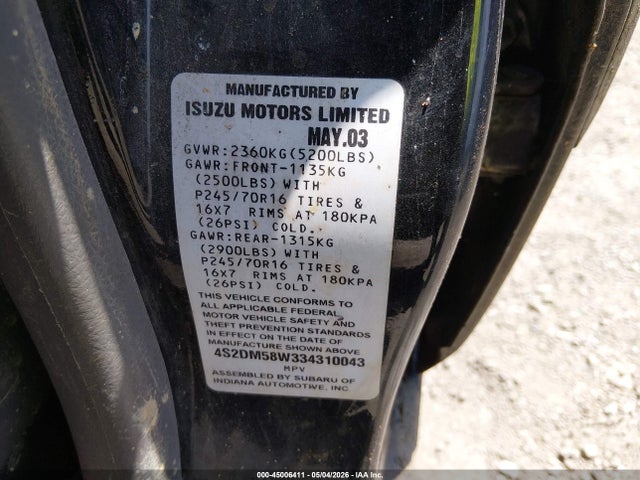 2003 Isuzu Rodeo S 3.2l V6 მანქანა იყიდება აუქციონზე, vin: 4S2DM58W334310043, აუქციონის ნომერი: 45006411