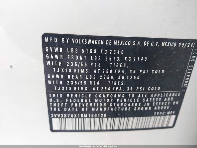 2024 Volkswagen Tiguan 2.0t Se/2.0t Wolfsburg Edition მანქანა იყიდება აუქციონზე, vin: 3VV3B7AX1RM196120, აუქციონის ნომერი: 45006413
