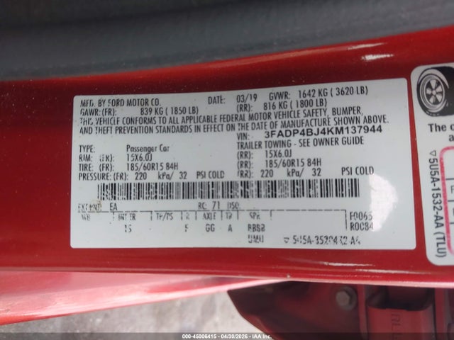 Продаж на аукціоні авто 2019 Ford Fiesta Se, vin: 3FADP4BJ4KM137944, номер лоту: 45006415